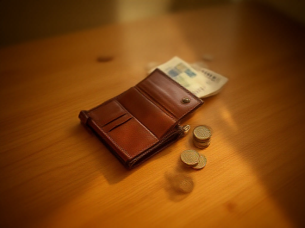 A worn wallet and small change beside a folded energy bill