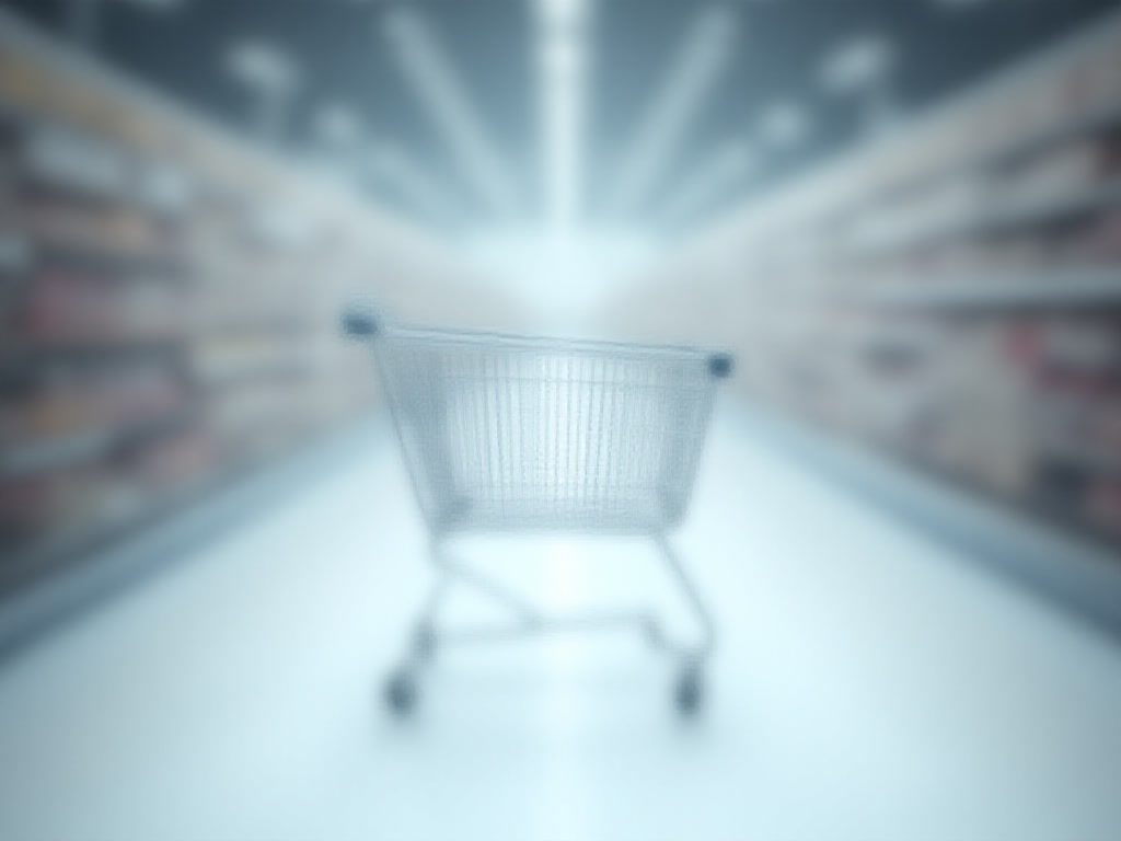A single shopping trolley alone in a bright supermarket aisle