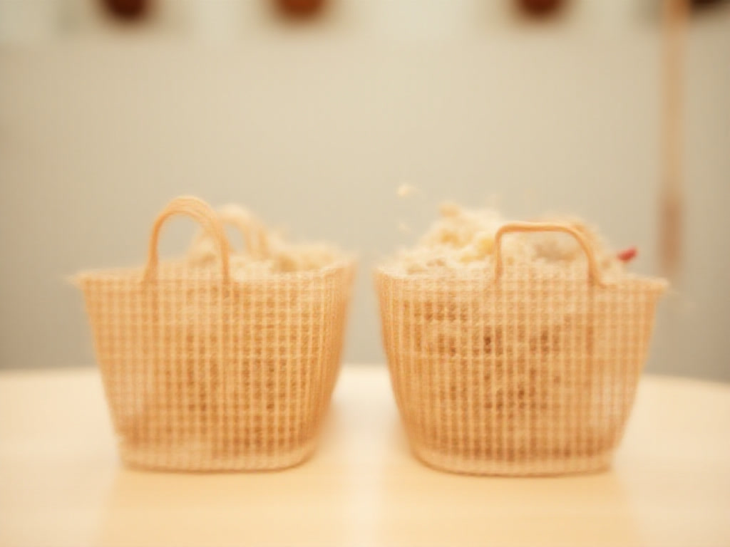 Two shopping baskets, one fuller than the other, on a market counter