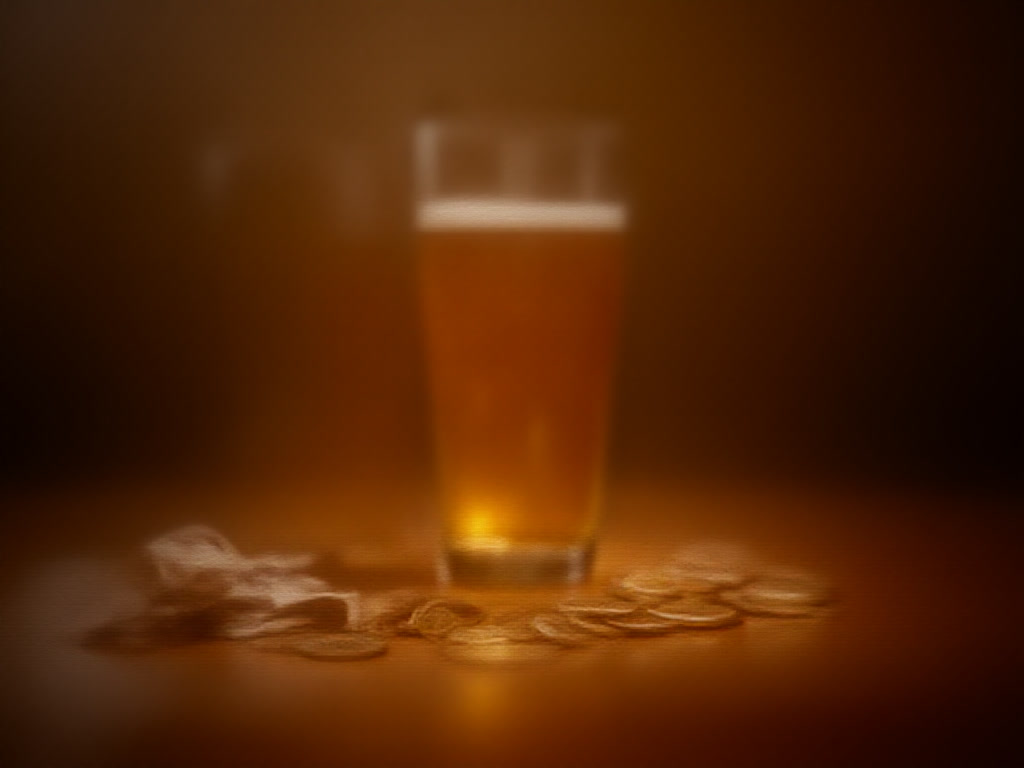 Pound coins and a banknote beside a pint on a bar top
